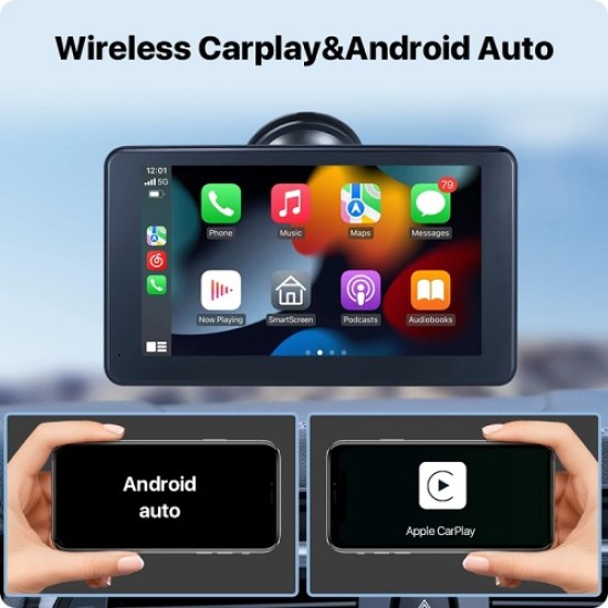 GreenYi T86 7" FHD IPS монитор с безжичен CarPlay, безжичен Android Auto
