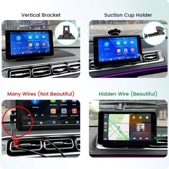GreenYi T86 7" FHD IPS монитор с безжичен CarPlay, безжичен Android Auto