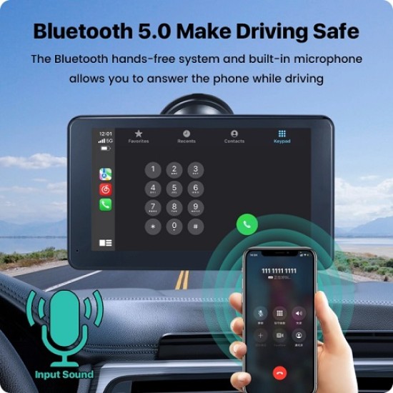 GreenYi T86 7" FHD IPS монитор с безжичен CarPlay, безжичен Android Auto