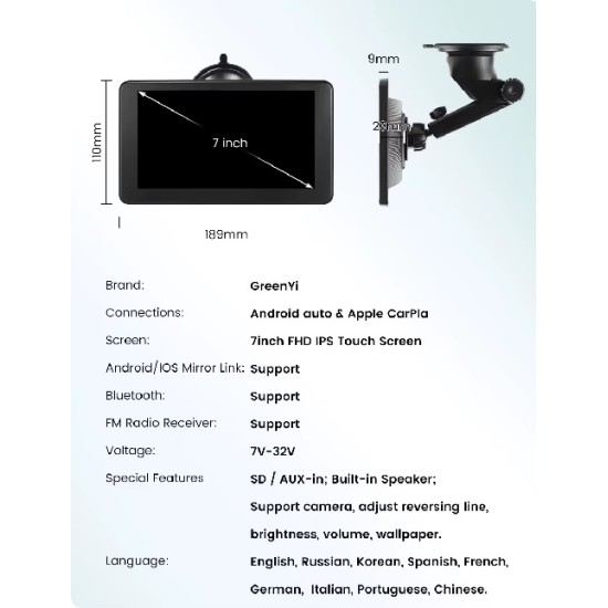 GreenYi T86 7" FHD IPS монитор с безжичен CarPlay, безжичен Android Auto