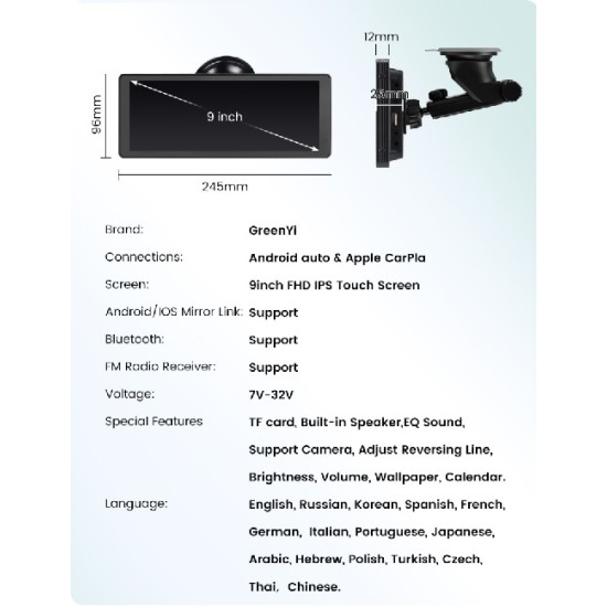 GreenYi T89 9" IPS Full HD монитор с безжичен CarPlay, безжичен Android Auto